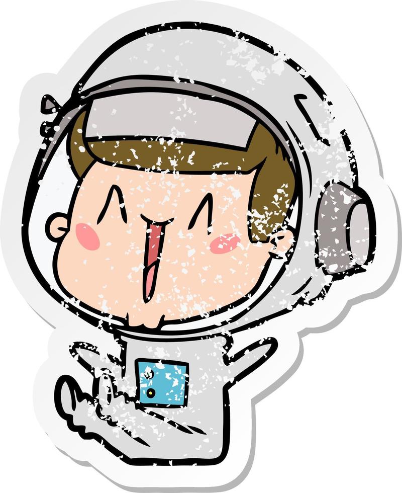 distressed sticker of a happy cartoon astronaut sitting vector