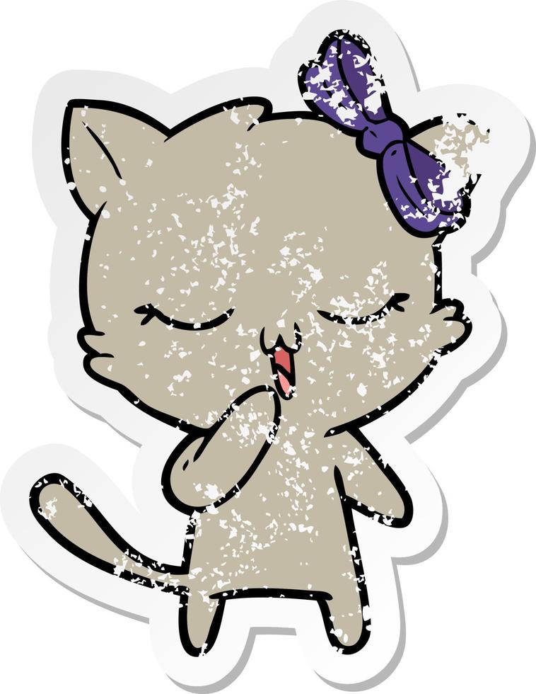 distressed sticker of a cartoon cat with bow on head vector