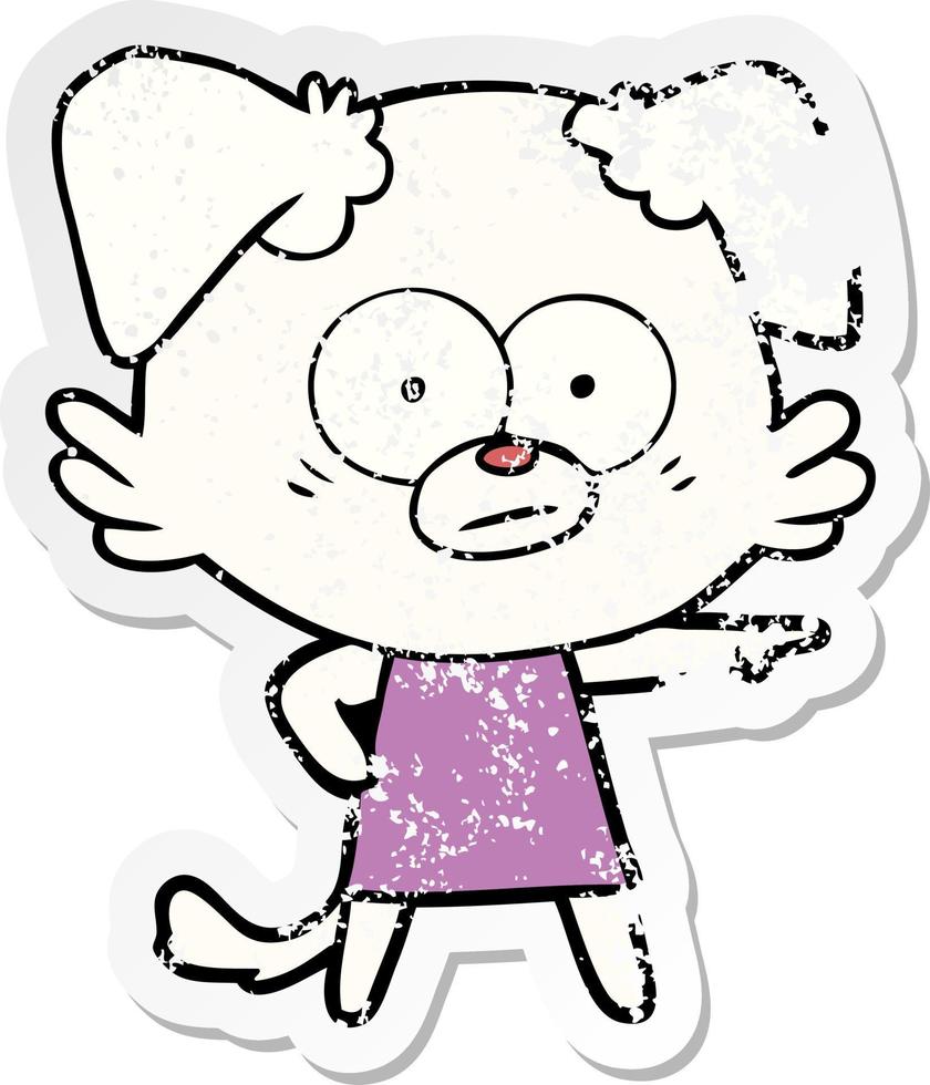 distressed sticker of a nervous cartoon dog in dress pointing vector