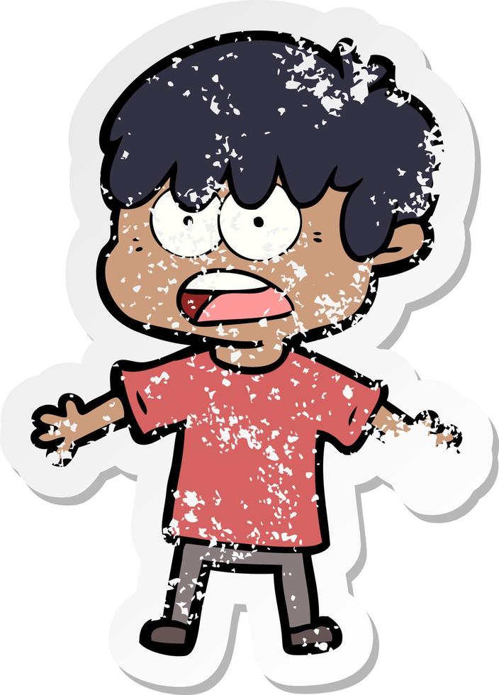 distressed sticker of a worried cartoon boy vector