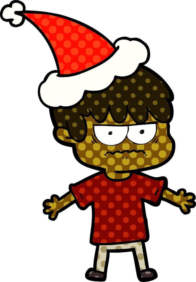 annoyed comic book style illustration of a boy wearing santa hat vector