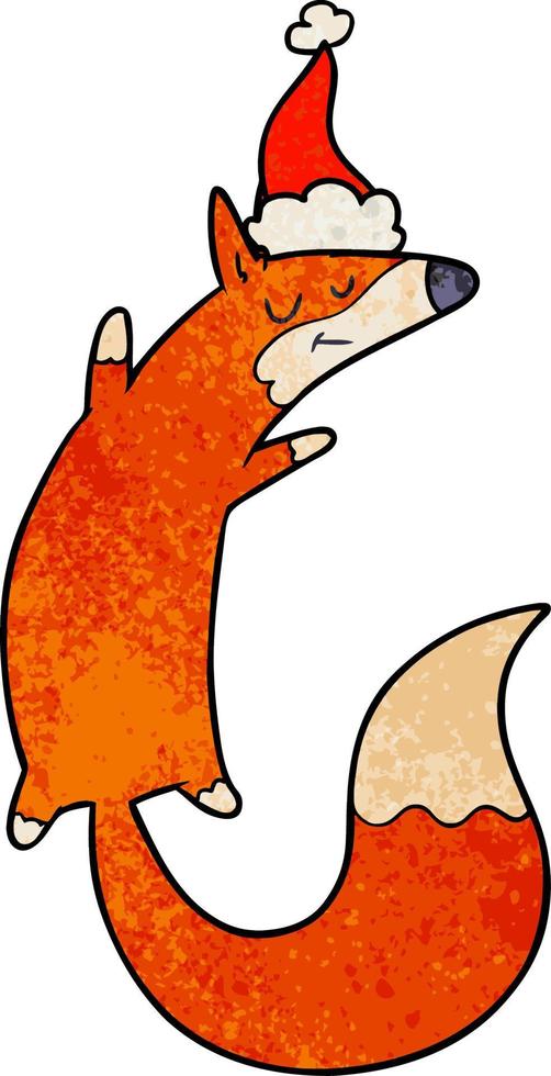 textured cartoon of a jumping fox wearing santa hat vector