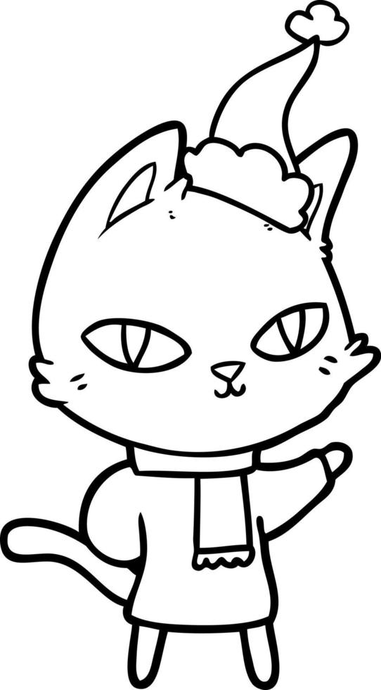 line drawing of a cat staring wearing santa hat vector