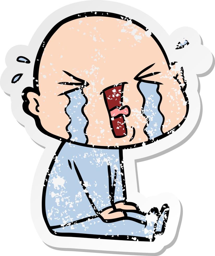 distressed sticker of a cartoon crying bald man vector