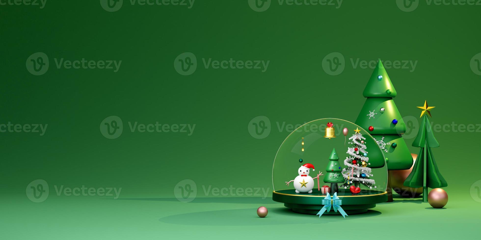 snow globe and Christmas tree with snowman in green composition for website or poster or Happiness cards,Christmas banner and festive New Year, realistic 3d illustration or 3d render photo