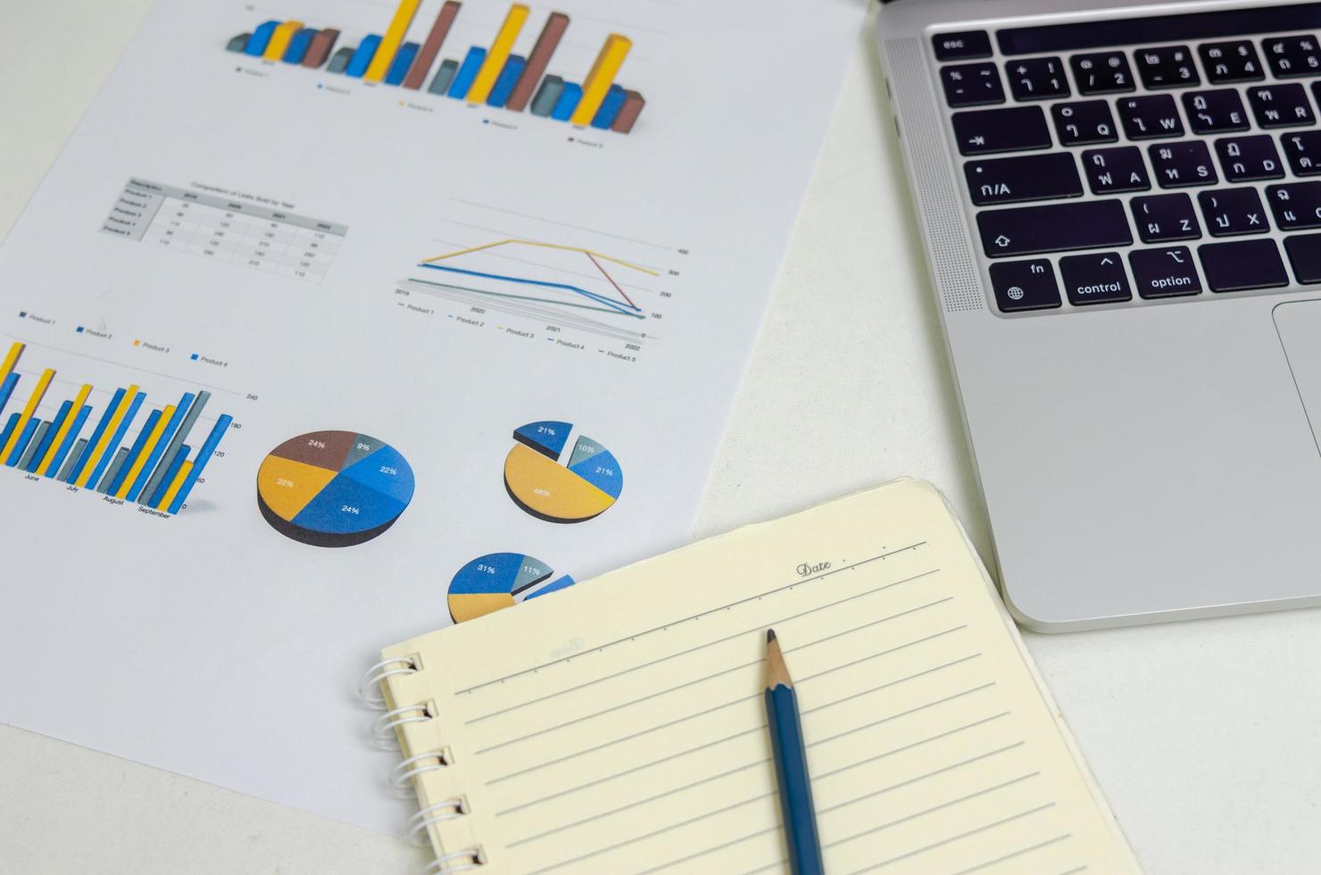 Business document graph management information marketing report and paperwork planning statistic finance concept. photo