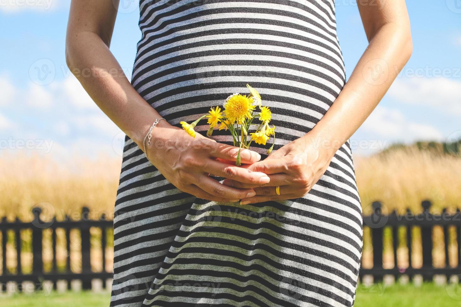 Pregnant woman hands give yellow wild flowers with sunny meadow and blue sky.Romantic and love feelings photo