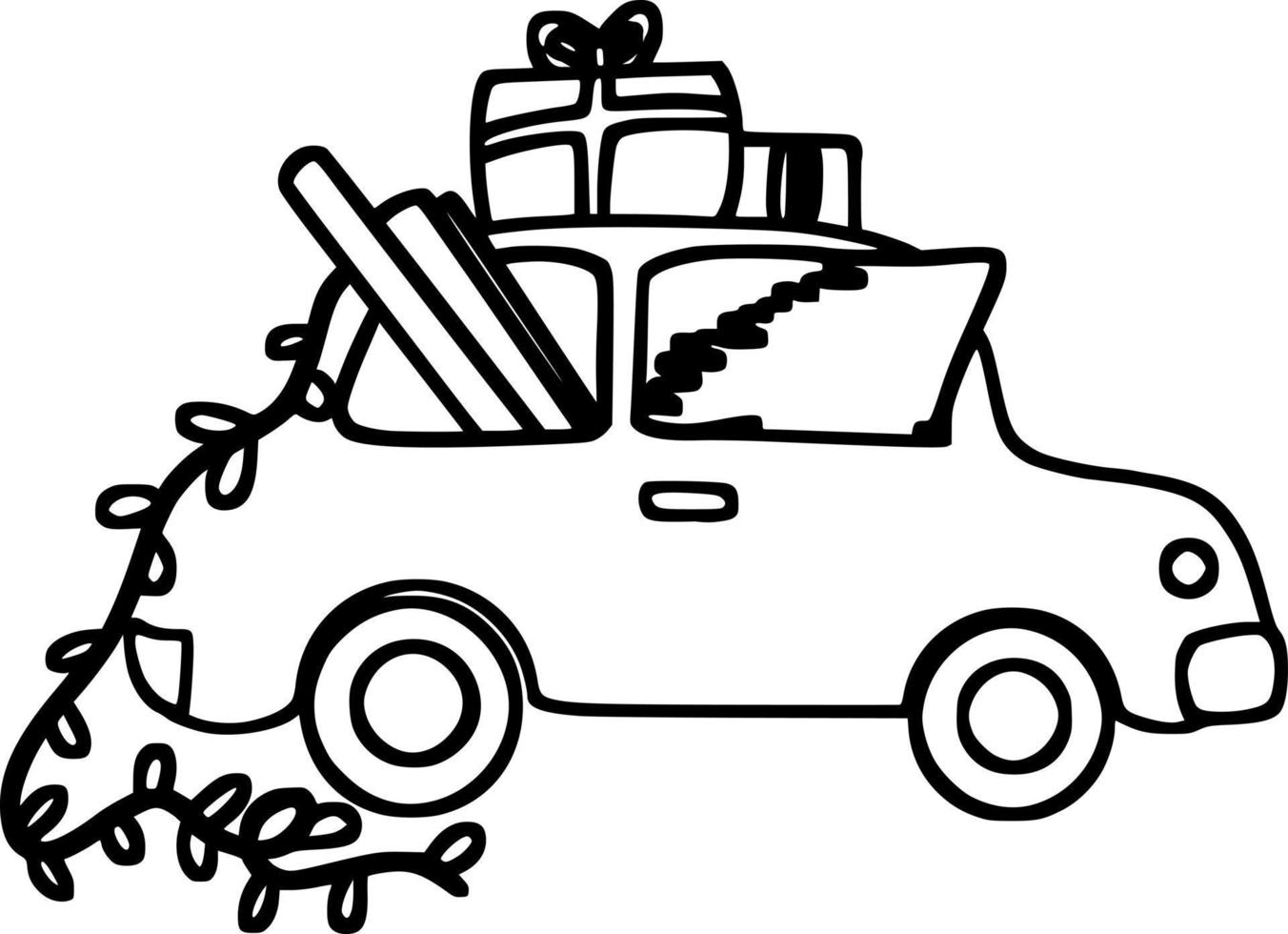 Doodle Car with christmas tree, gifts and garland vector