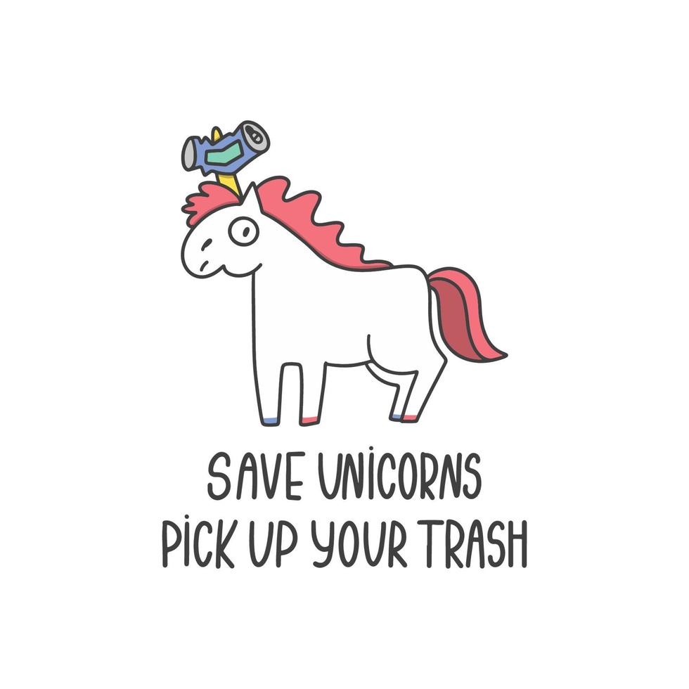 salva a los unicornios, recoge tu ilustración de basura. concepto de reciclaje con animales de dibujos animados. vector