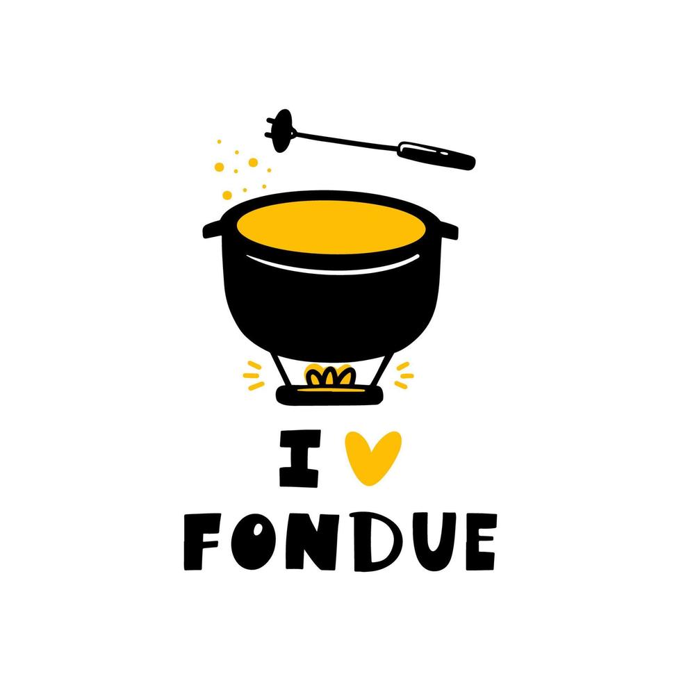 Me encanta la ilustración dibujada a mano de fondue. sartén silueta aislada en el fuego. letras estilizadas de grunge de placa. elemento de diseño de cartel de cocina de comida de queso. vector