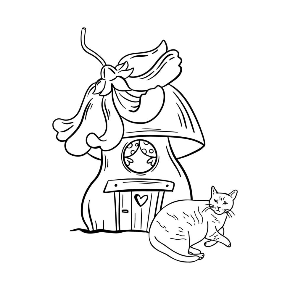 outline illustration with cat near the house. vector