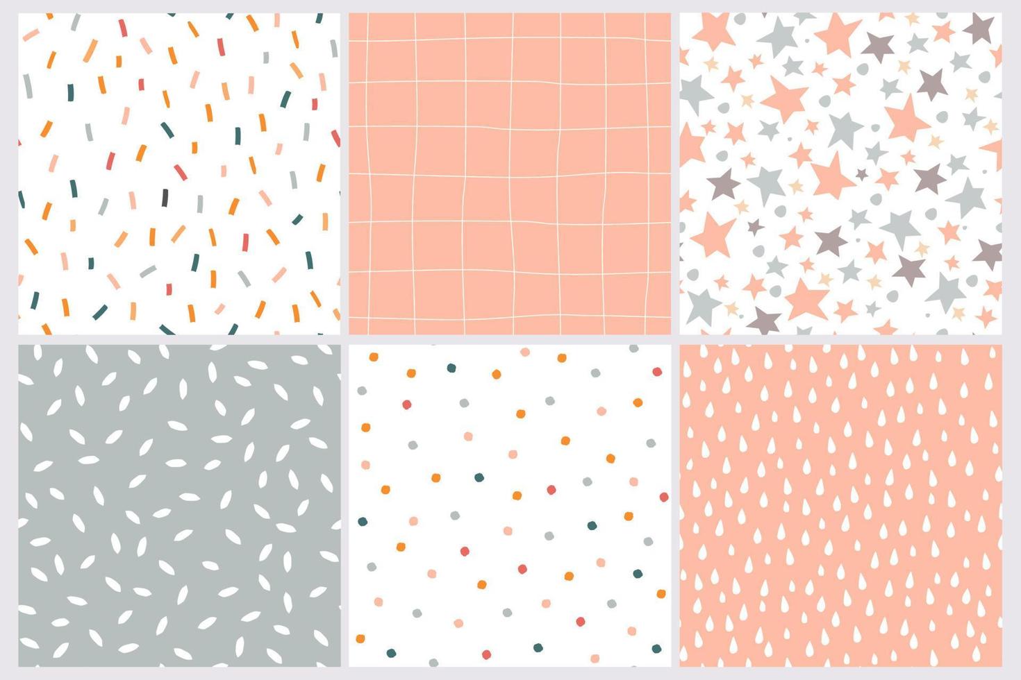 A set of seamless patterns with an abstract simple geometric print. Baby ornament with stars, dots, confetti, lines for gift wrapping. Vector graphics.