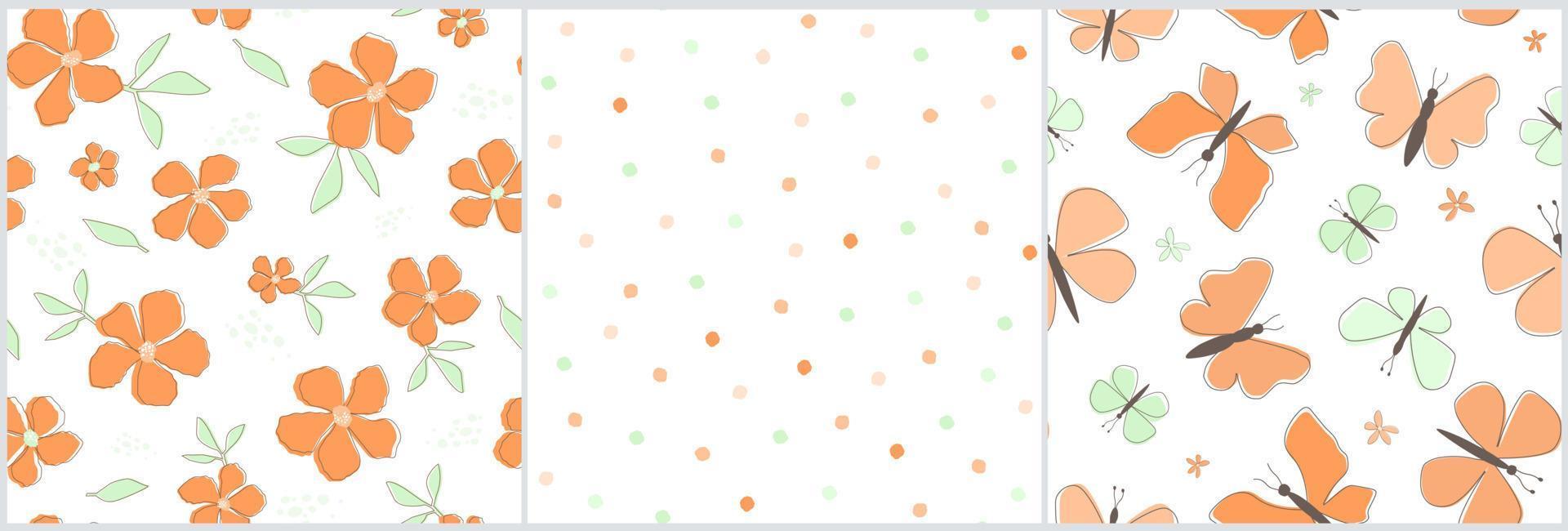 A set of seamless patterns with flowers, butterflies, simple abstract round dots. Summer print. Vector graphics.
