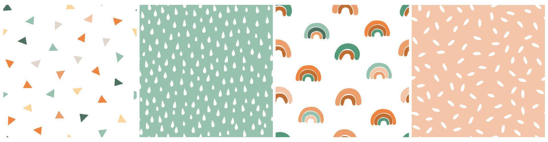 Seamless pattern set with cute baby print. Abstract minimalistic rainbows, drops, simple geometric shapes. Vector graphics.