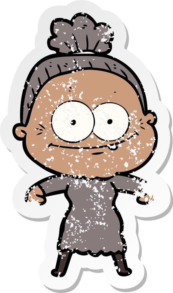 distressed sticker of a cartoon happy old woman vector