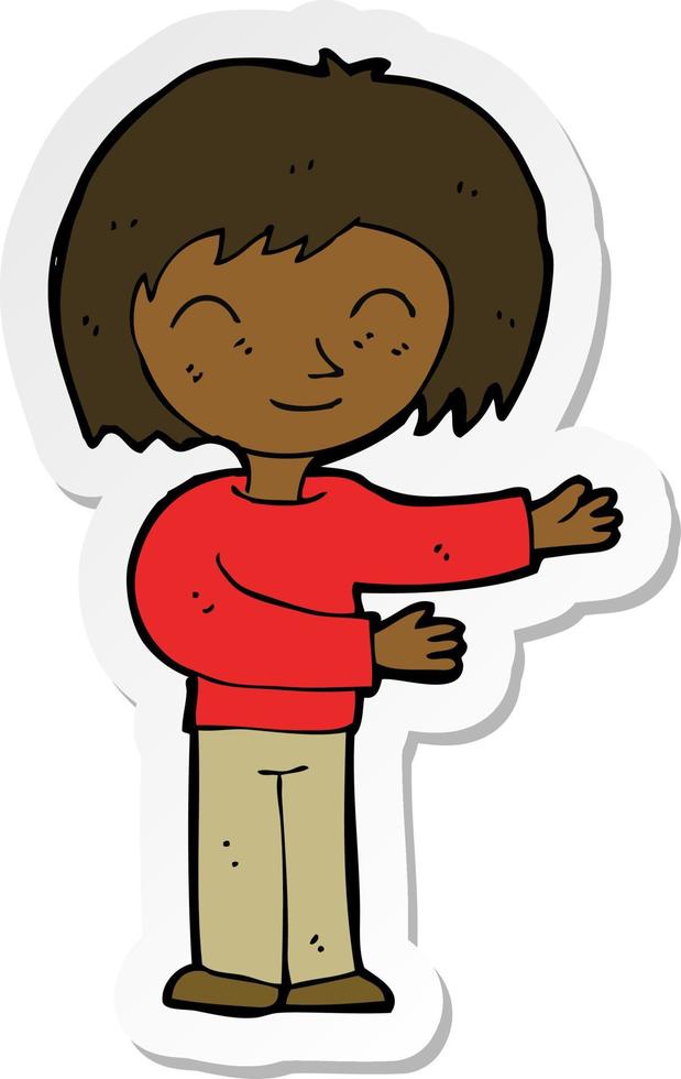 sticker of a cartoon woman gestureing welcome vector