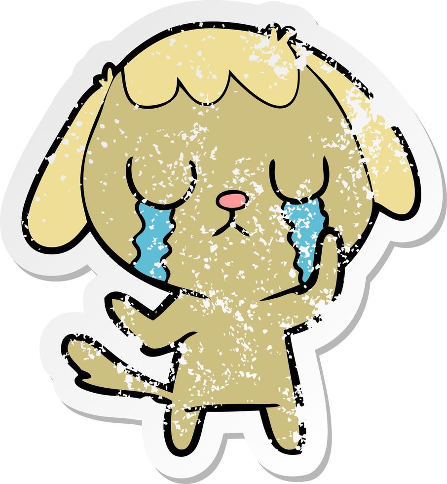 distressed sticker of a cute cartoon dog crying vector