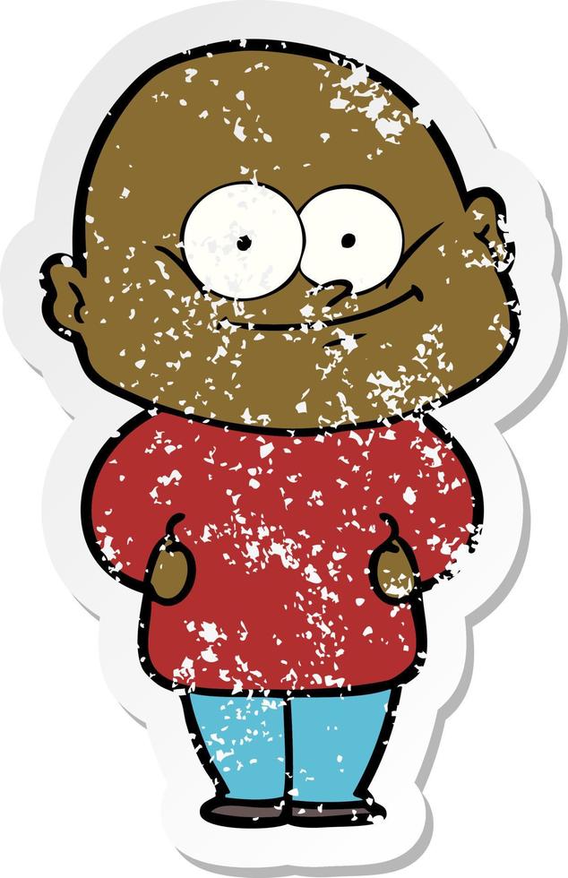 distressed sticker of a cartoon bald man staring vector