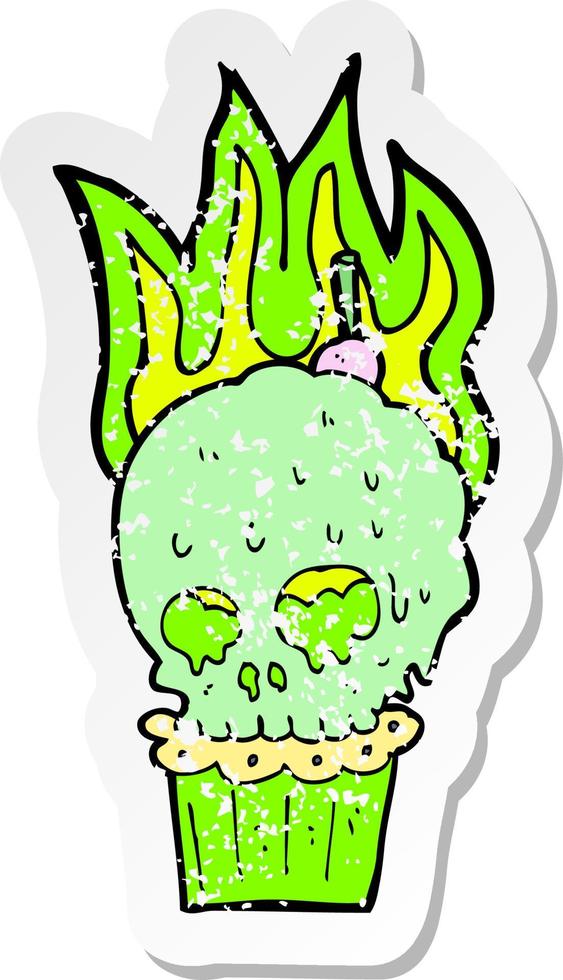 retro distressed sticker of a cartoon spooky skull cupcake vector