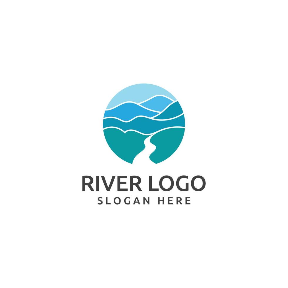 Logos of rivers, creeks, riverbanks and streams. River logo with combination of mountains and farmland with concept design vector illustration template.