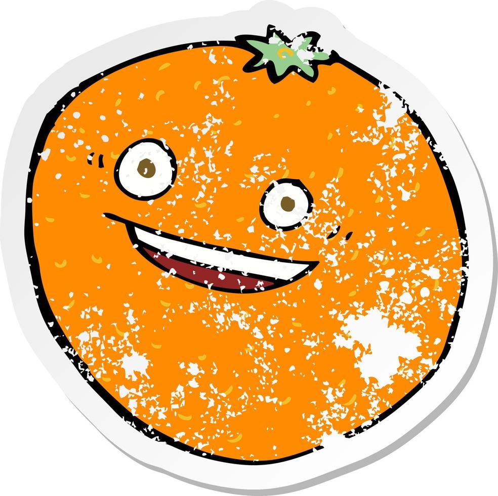 retro distressed sticker of a happy cartoon orange vector