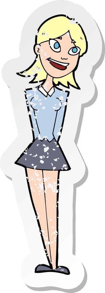 retro distressed sticker of a cartoon happy woman vector