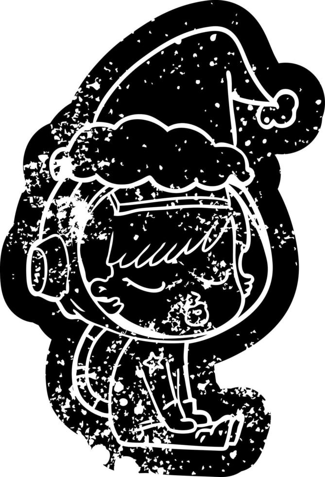 cartoon distressed icon of a pretty astronaut girl sitting waiting wearing santa hat vector