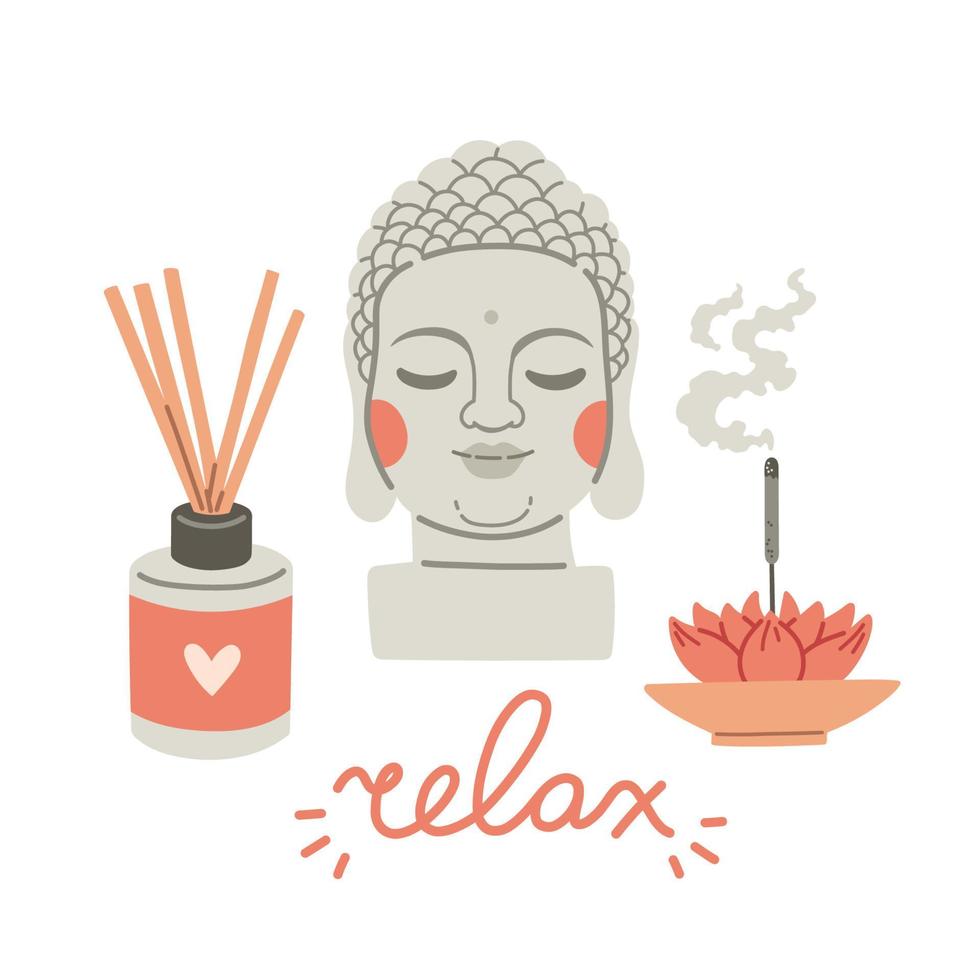 Yoga time elements set buddha statue, aromatherapy. Vector flat illustration