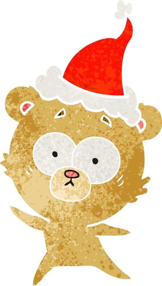 anxious bear retro cartoon of a wearing santa hat vector