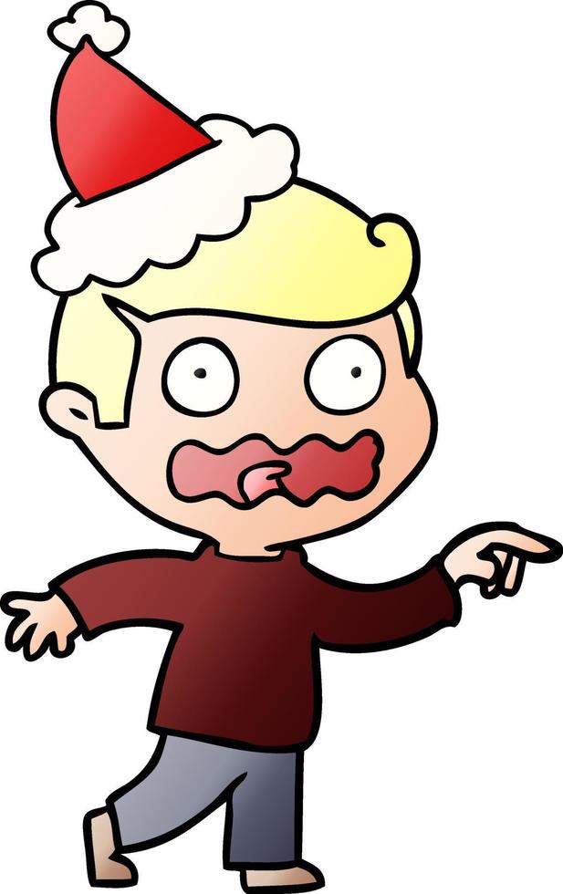 gradient cartoon of a stressed out pointing wearing santa hat vector