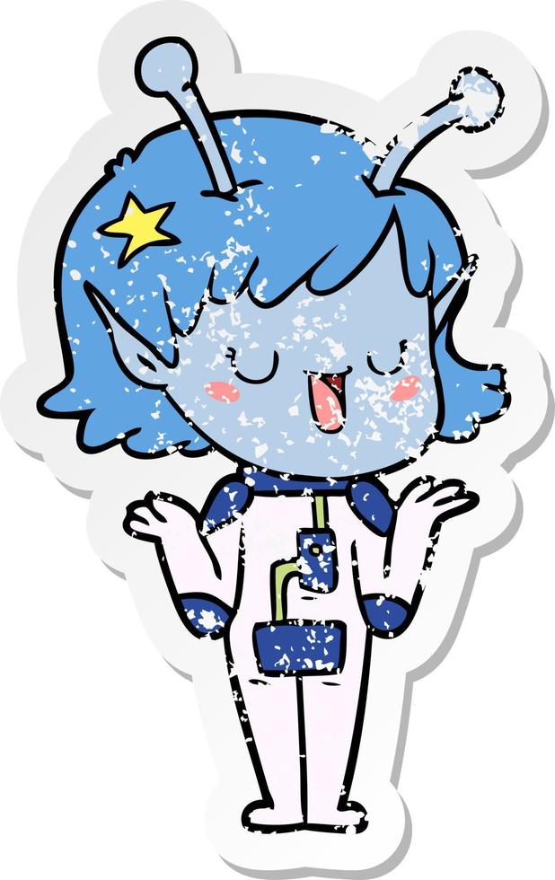 distressed sticker of a happy alien girl cartoon vector