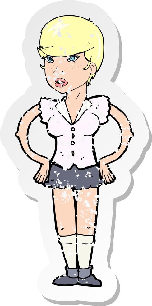 retro distressed sticker of a cartoon woman with hands on hips vector