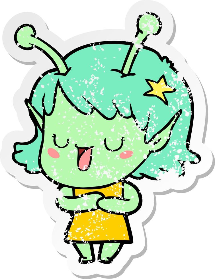 distressed sticker of a happy alien girl cartoon vector