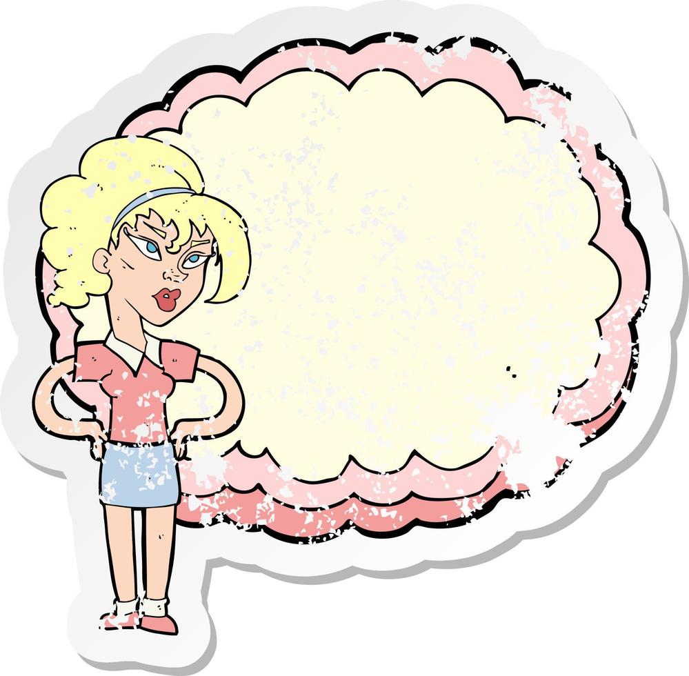 retro distressed sticker of a cartoon woman in front of cloud vector