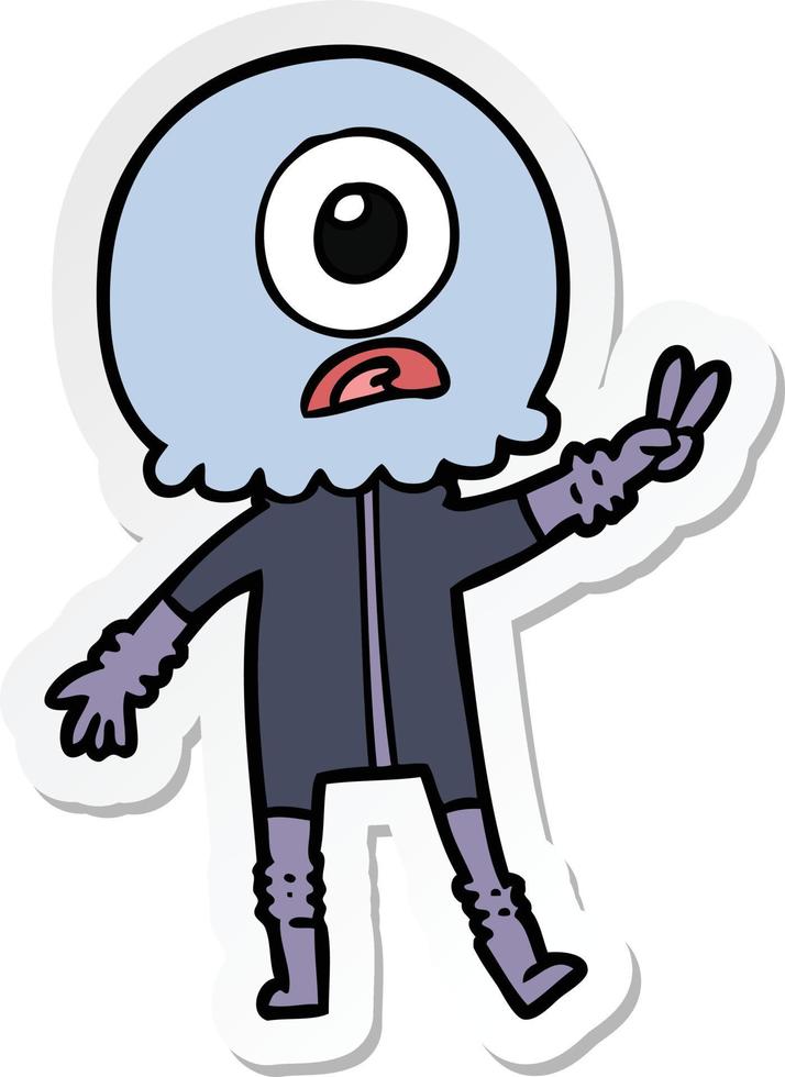 sticker of a cartoon cyclops alien spaceman giving peace sign vector