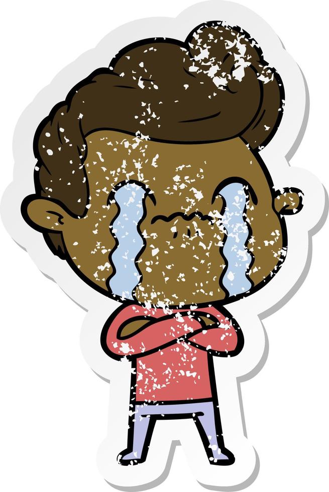 distressed sticker of a cartoon man crying vector