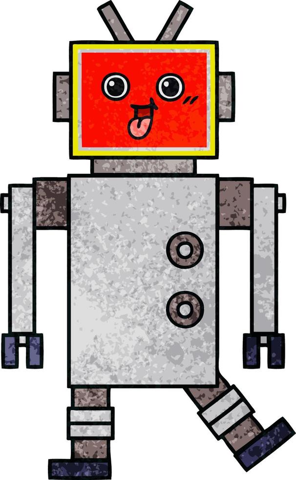 retro grunge texture cartoon happy robot vector