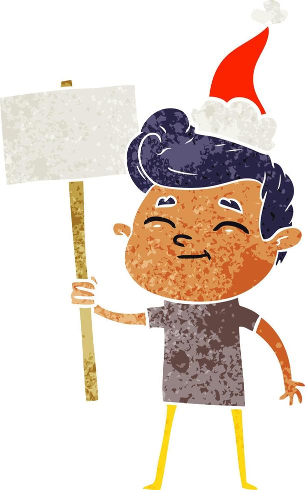 happy retro cartoon of a man with sign wearing santa hat vector