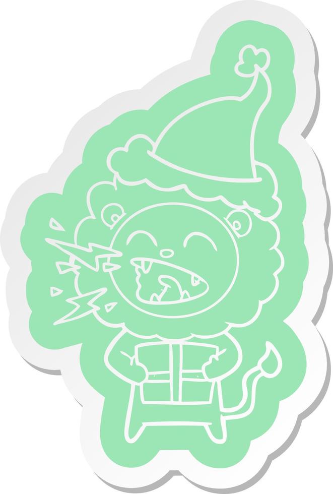 cartoon  sticker of a roaring lion with gift wearing santa hat vector