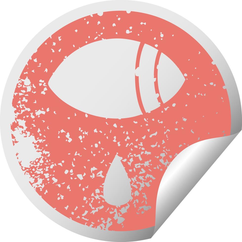 distressed circular peeling sticker symbol crying eye looking to one side vector