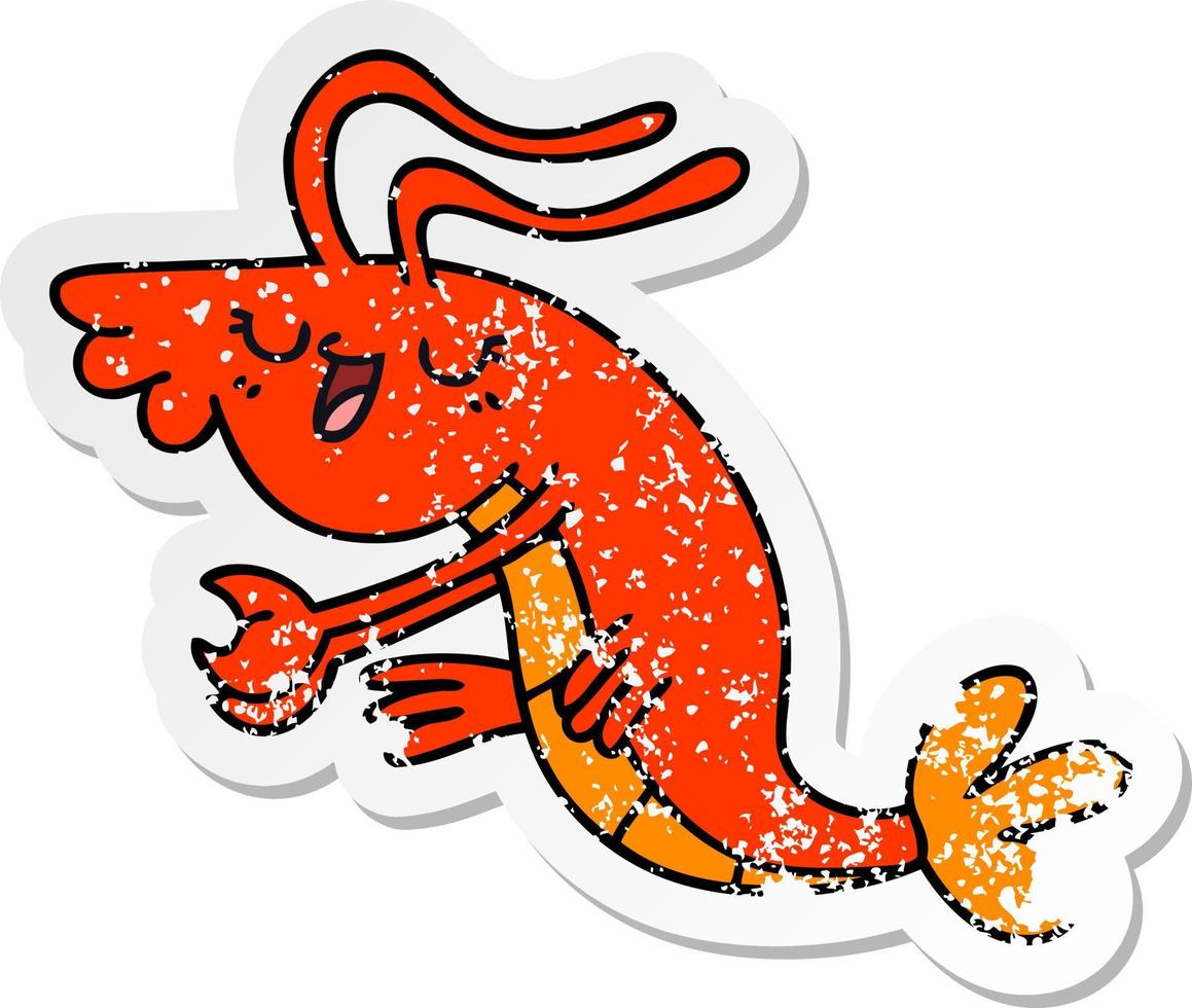 distressed sticker of a quirky hand drawn cartoon happy shrimp vector
