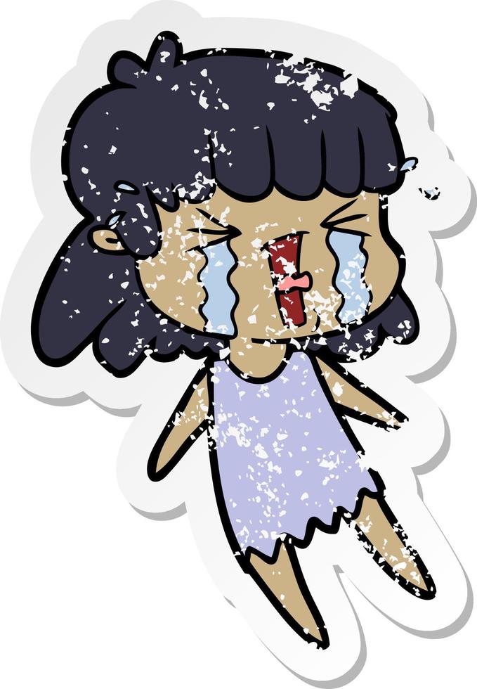 distressed sticker of a cartoon woman in tears vector