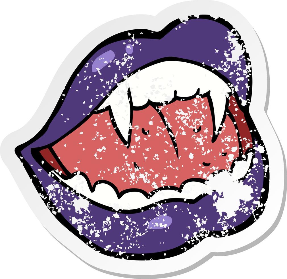 retro distressed sticker of a cartoon vampire lips vector