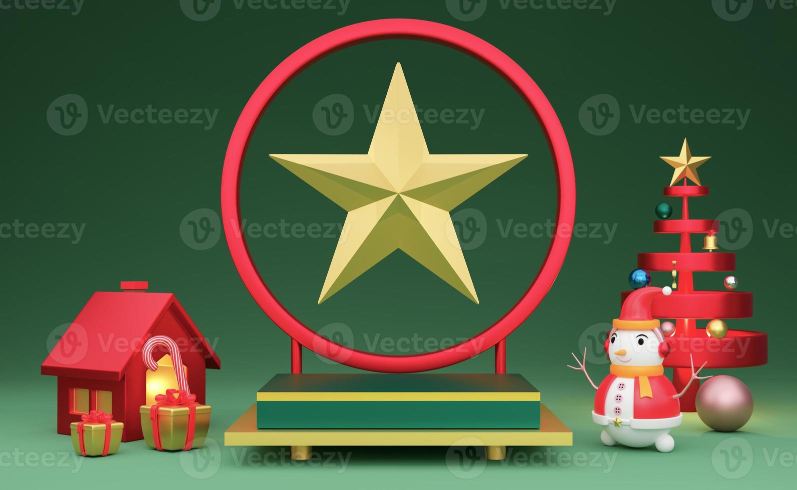 Podium Empty and snowman with frame and geometric shapes in green composition for website or poster or Happiness cards,Christmas banner and festive New Year, realistic 3d illustration or 3d render photo