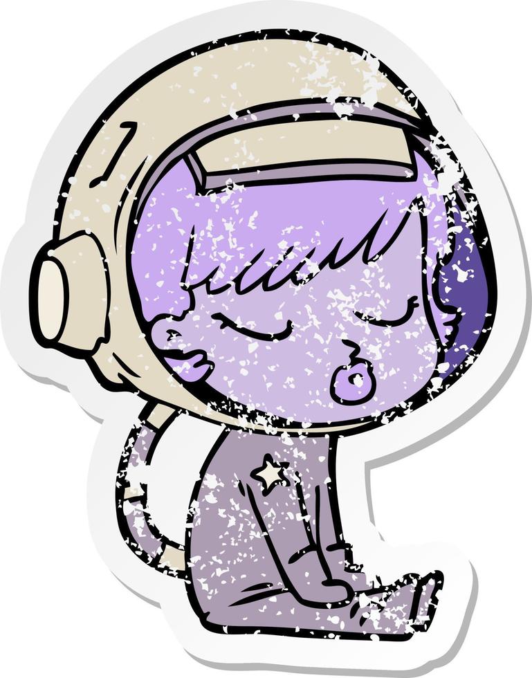 distressed sticker of a cartoon pretty astronaut girl sitting waiting vector