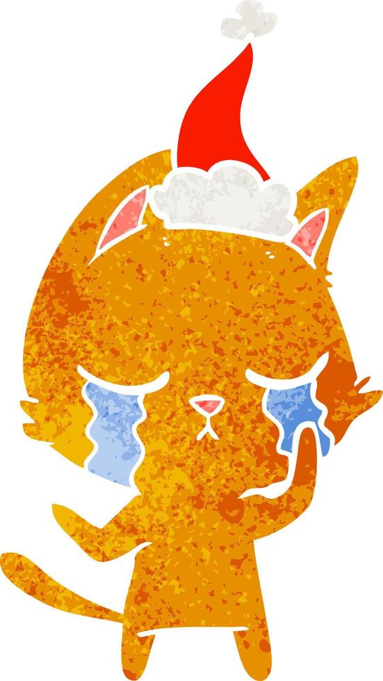 crying retro cartoon of a cat wearing santa hat vector