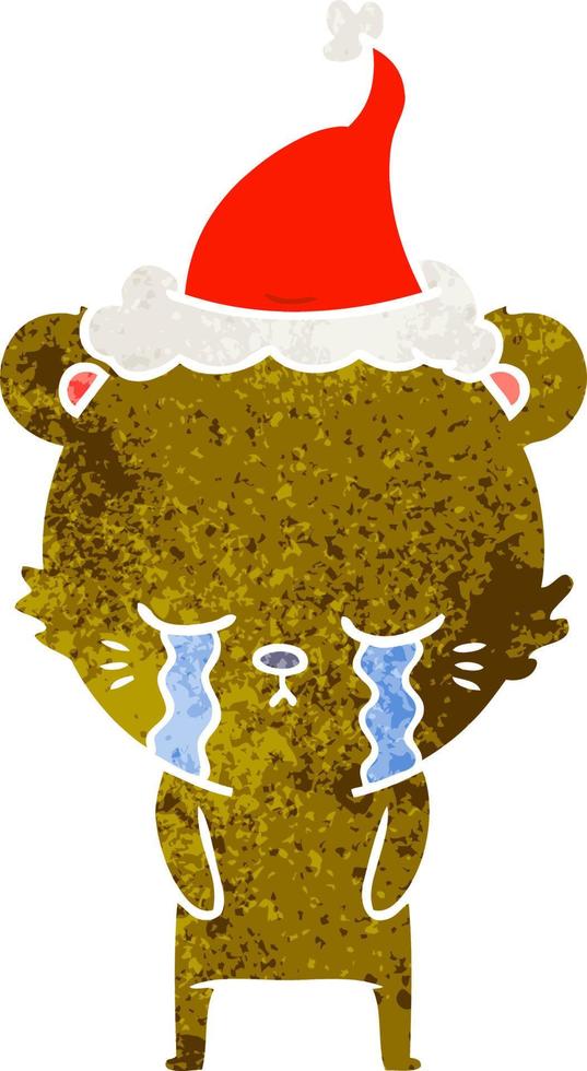 crying retro cartoon of a bear wearing santa hat vector