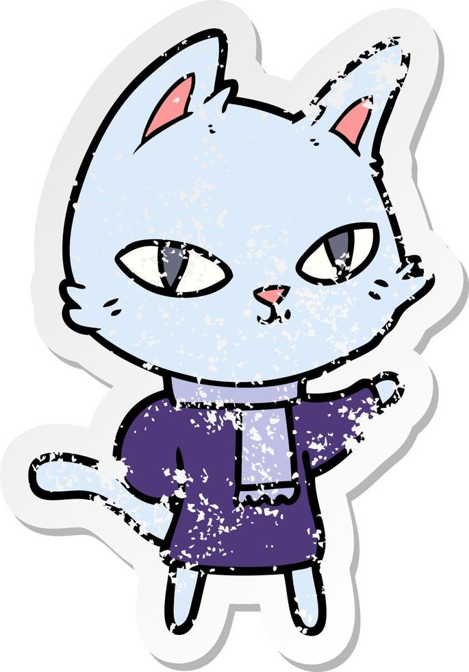 distressed sticker of a cartoon cat staring vector