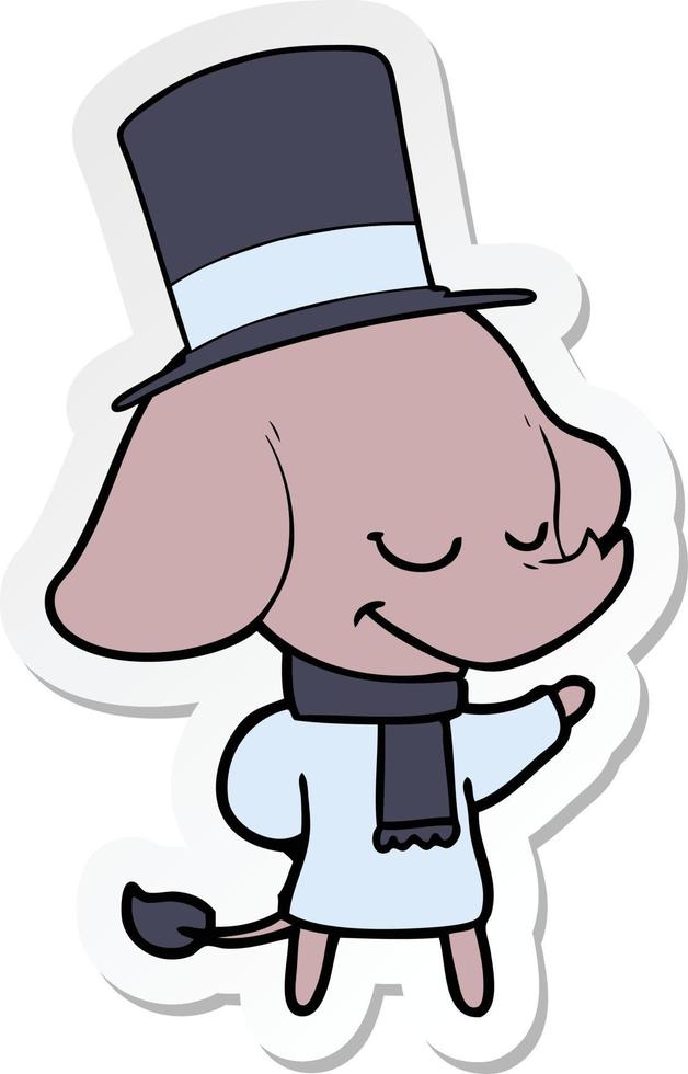 sticker of a cartoon smiling elephant wearing top hat vector