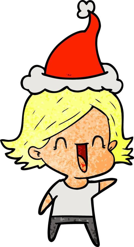 textured cartoon of a happy woman wearing santa hat vector
